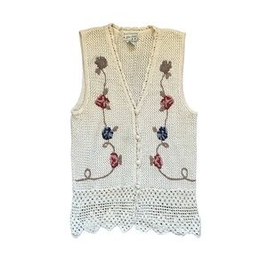 VTG Gina Peters Neutral Floral Embroidered Knit Vest 90s Grunge Cottagecore M